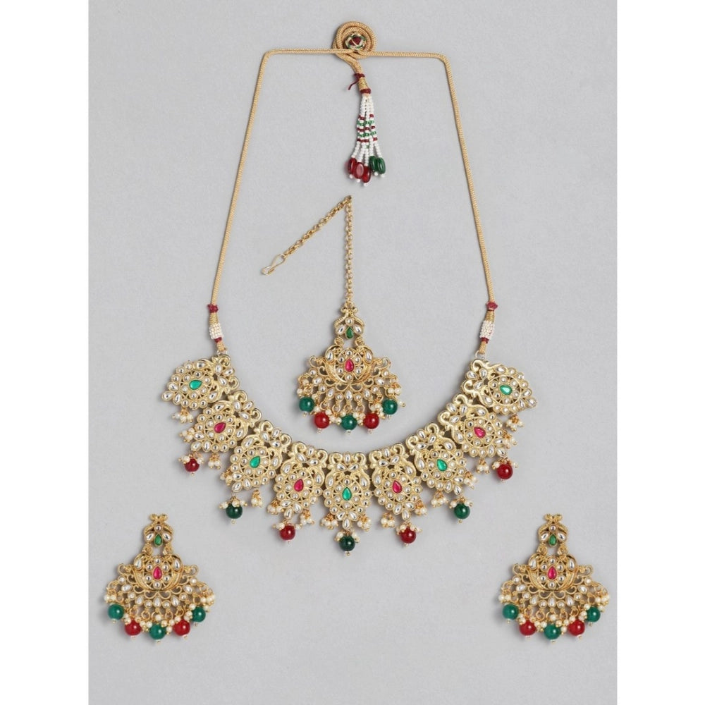 Vaystra Gold Plated Rose Alloy Necklace &amp; Earings Set in Light Green,
