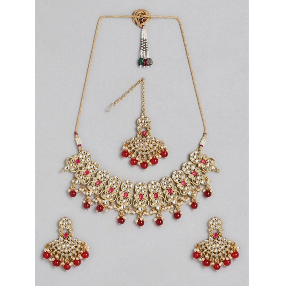 Vaystra Handcrafted Rose Alloy Necklace &amp; Earings Set - Red, Edition