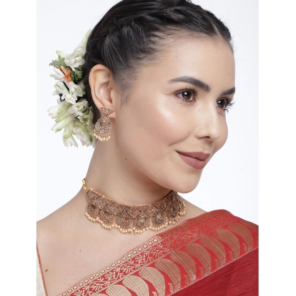 Vaystra Rose Alloy Necklace &amp; Earings Set - Gold,