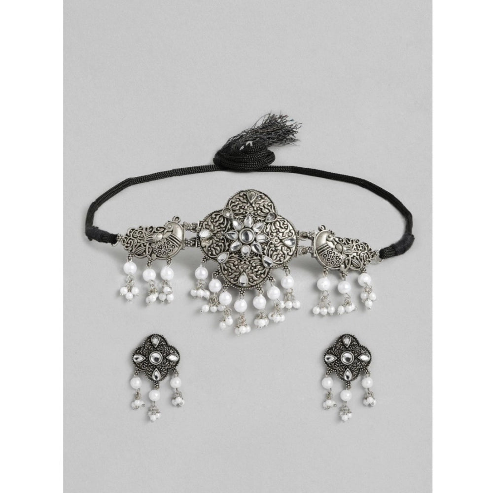 Vaystra Gold Plated Rose Alloy Necklace &amp; Earings Set in Silver & White,