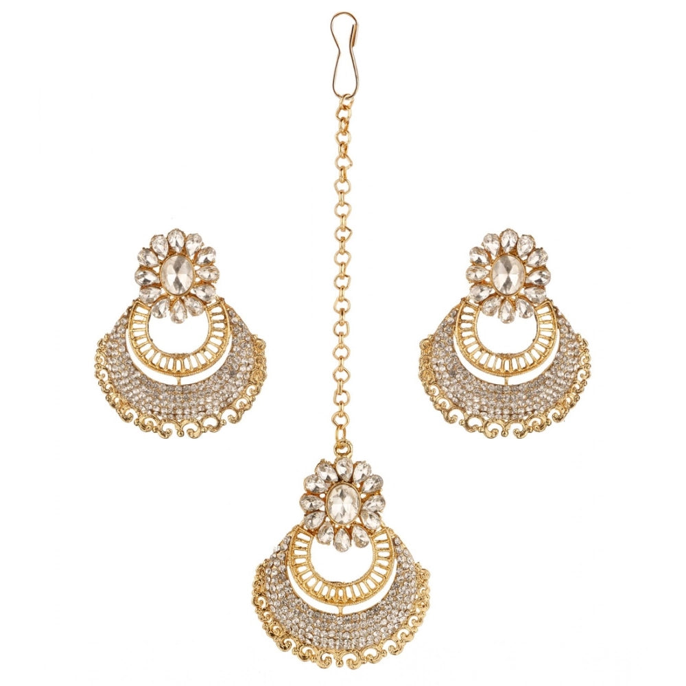 Vaystra Rose Alloy Kundan Earrings &amp; Mangtikka - White,
