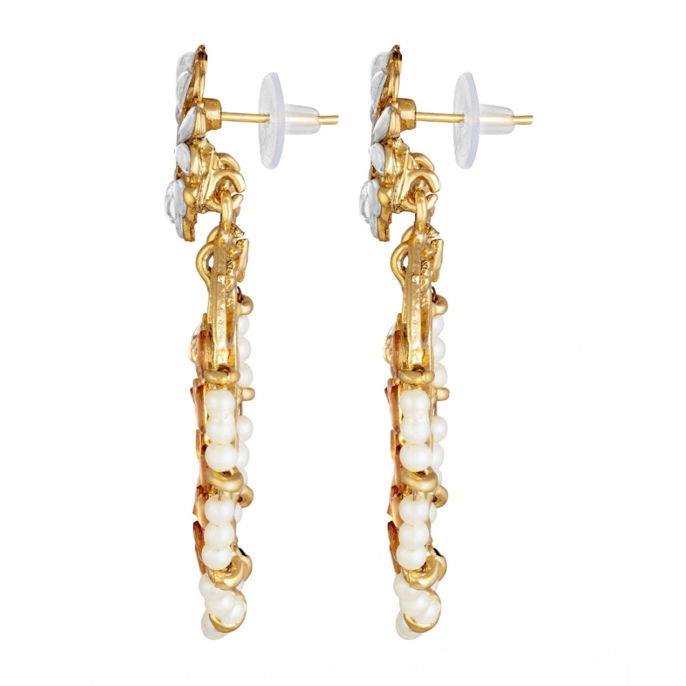 Vaystra Gold Plated Rose Alloy Kundan Earrings &amp; Mangtikka in White &amp; Gold,