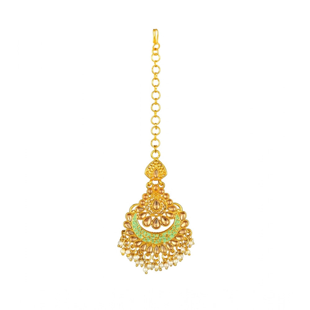 Vaystra Gold Plated Rose Alloy Kundan Earrings &amp; Mangtikka in Green,