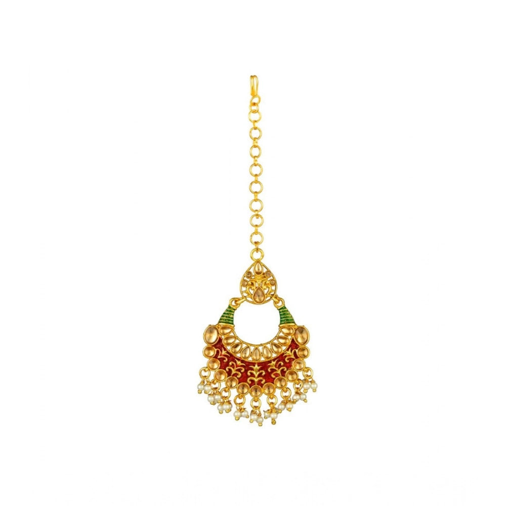 Vaystra Gold Plated Rose Alloy Kundan Earrings &amp; Mangtikka in Red & Green,