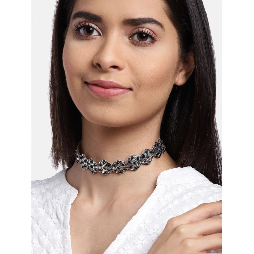 Vaystra Rose Alloy Choker - Silver & Black,
