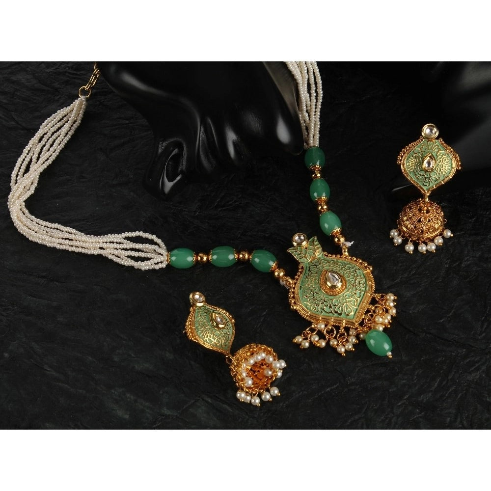 Vaystra Rose Alloy Necklace &amp; Earings Set - Green,
