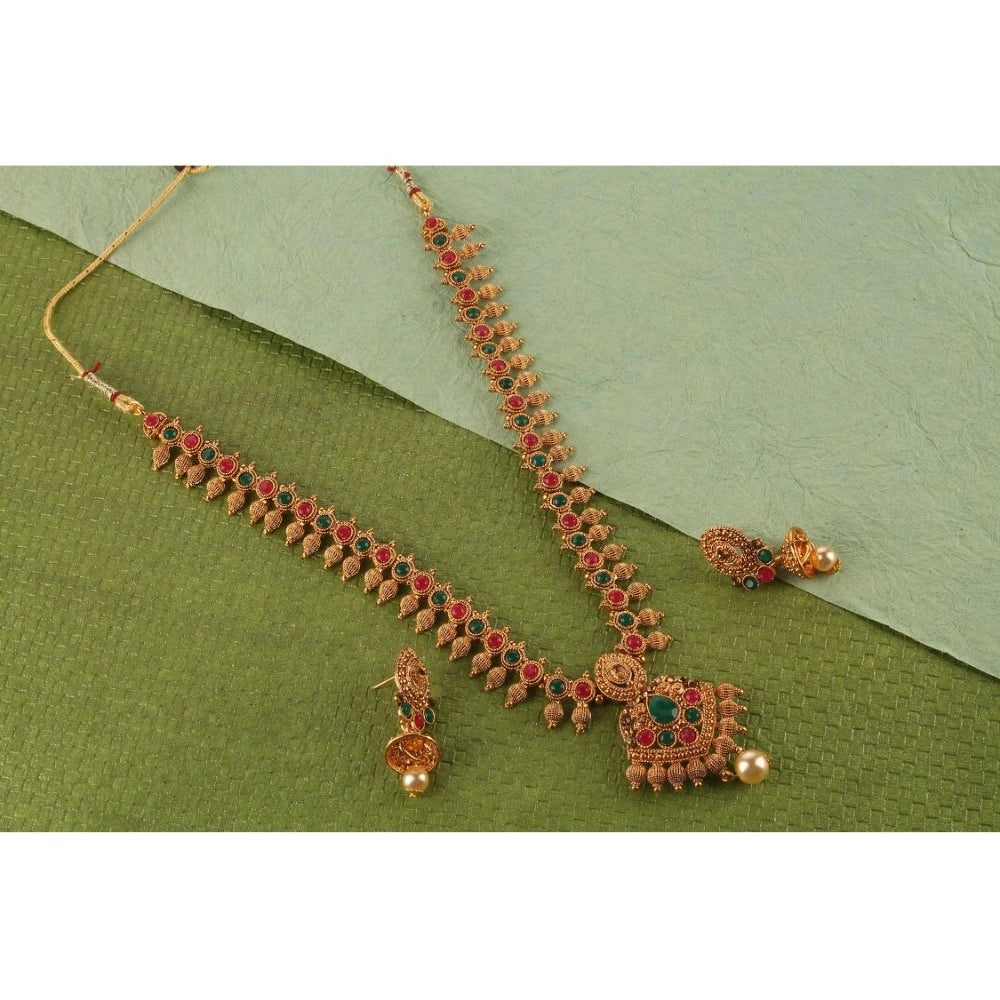 Vaystra Handcrafted Rose Alloy Necklace &amp; Earings Set - Green & Red, Edition