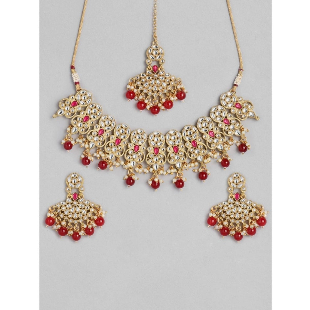 Vaystra Handcrafted Rose Alloy Necklace &amp; Earings Set - Red, Edition