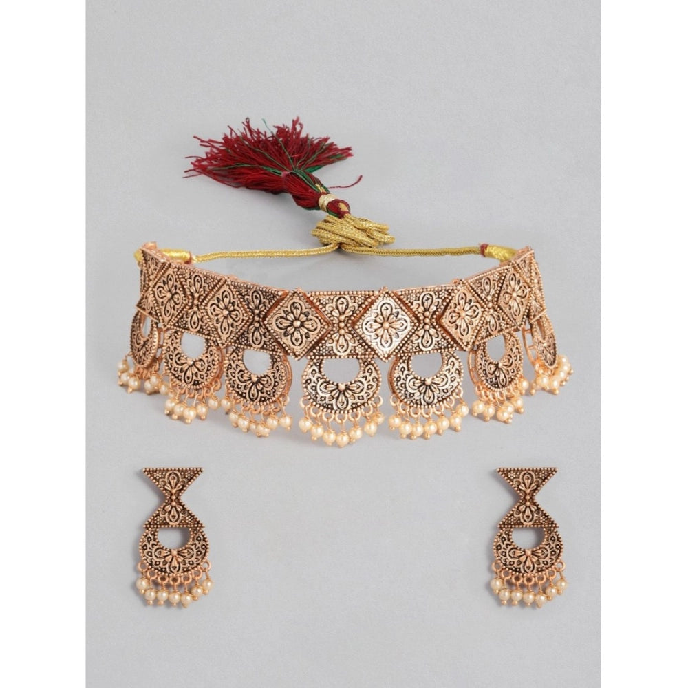 Vaystra Rose Alloy Necklace &amp; Earings Set - Gold,