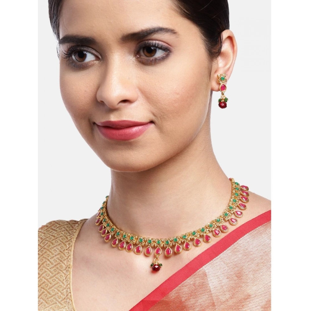 Vaystra Handcrafted Rose Alloy Necklace &amp; Earings Set - Green & Red, Edition