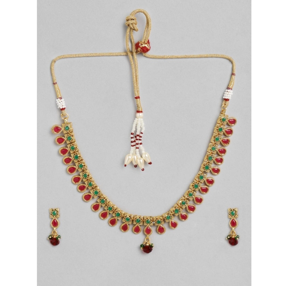 Vaystra Handcrafted Rose Alloy Necklace &amp; Earings Set - Green & Red, Edition