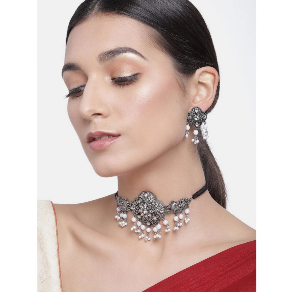 Vaystra Gold Plated Rose Alloy Necklace &amp; Earings Set in Silver & White,