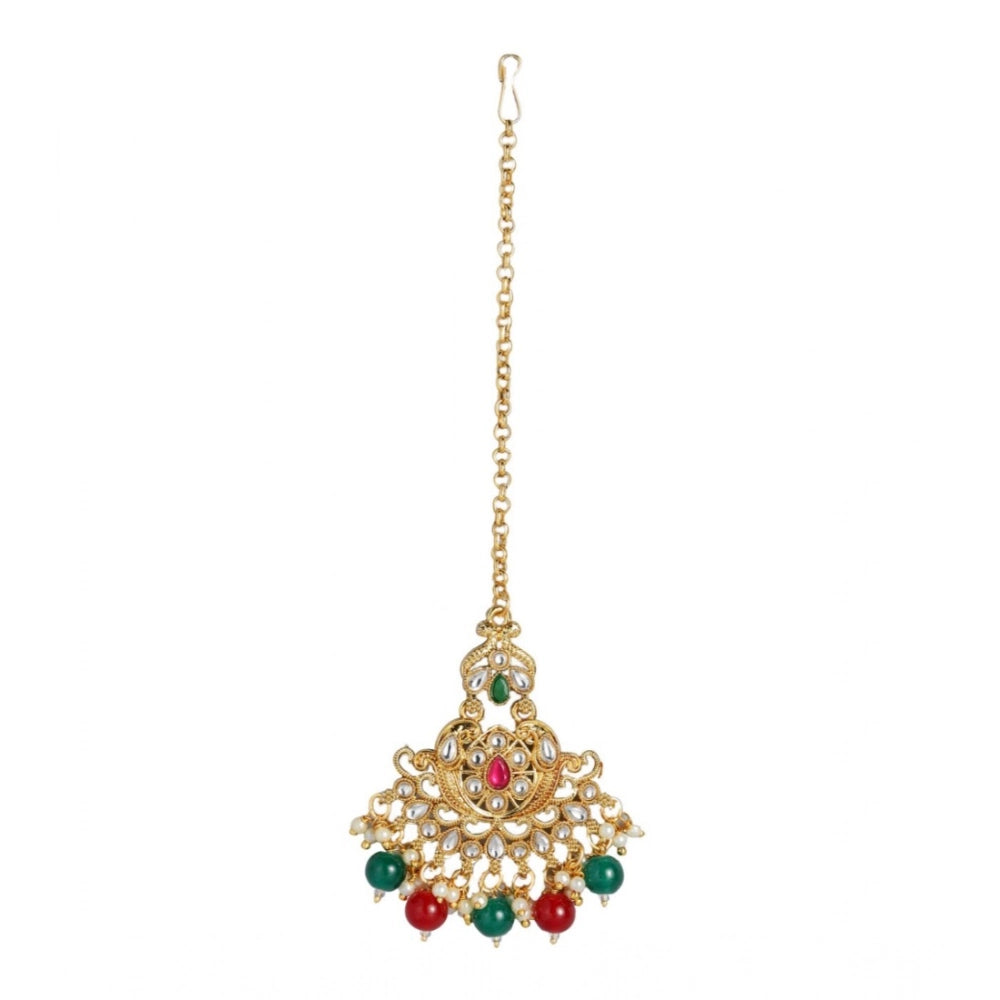 Vaystra Rose Alloy Kundan Earrings &amp; Mangtikka - Red & Green,