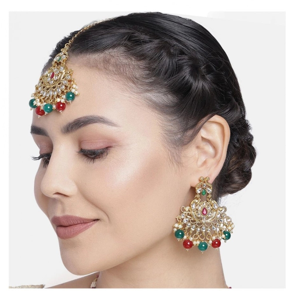 Vaystra Rose Alloy Kundan Earrings &amp; Mangtikka - Red & Green,