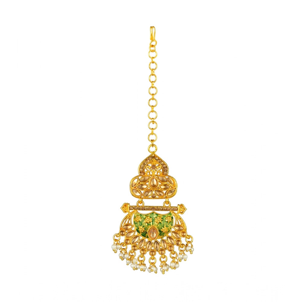 Vaystra Gold Plated Rose Alloy Kundan Earrings &amp; Mangtikka in Green,