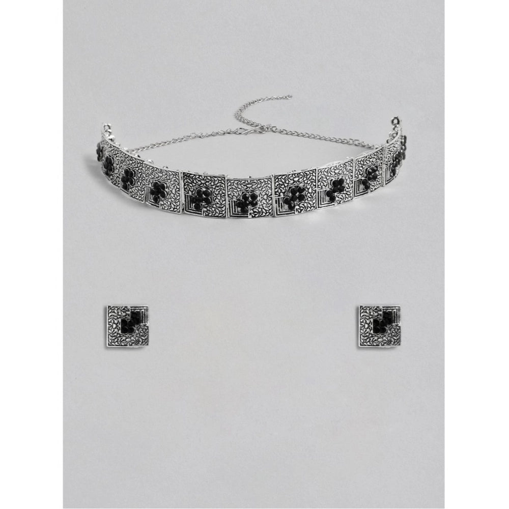 Vaystra Gold Plated Rose Alloy Necklace &amp; Earings Set in Silver & Black,