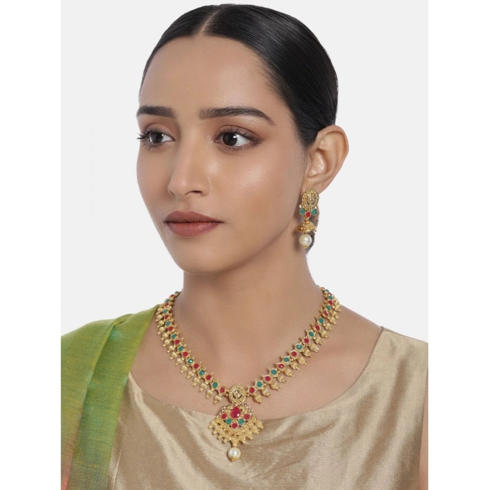 Vaystra Handcrafted Rose Alloy Necklace &amp; Earings Set - Green & Red, Edition