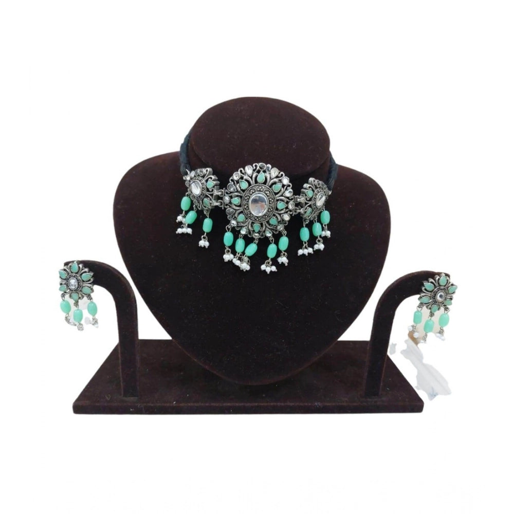 Vaystra Gold Plated Rose Alloy Necklace &amp; Earings Set in Light Green,