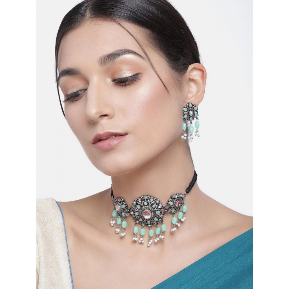Vaystra Gold Plated Rose Alloy Necklace &amp; Earings Set in Light Green,