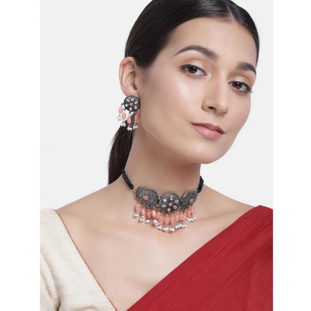 Vaystra Gold Plated Rose Alloy Necklace &amp; Earings Set in Orange,