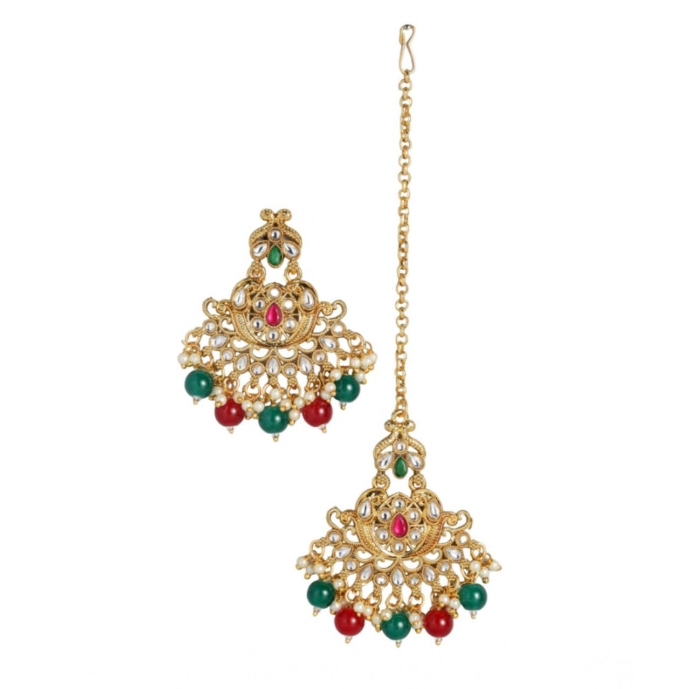 Vaystra Rose Alloy Kundan Earrings &amp; Mangtikka - Red & Green,