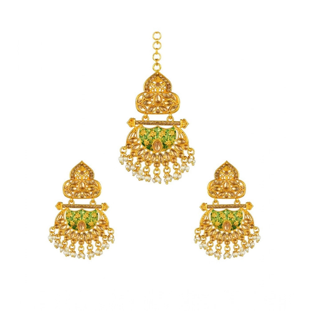Vaystra Gold Plated Rose Alloy Kundan Earrings &amp; Mangtikka in Green,