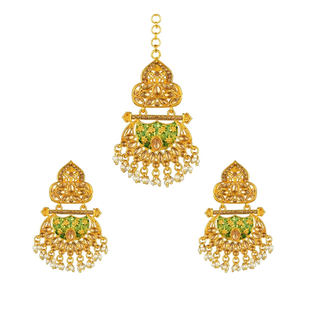 Vaystra Gold Plated Rose Alloy Kundan Earrings &amp; Mangtikka in Green,