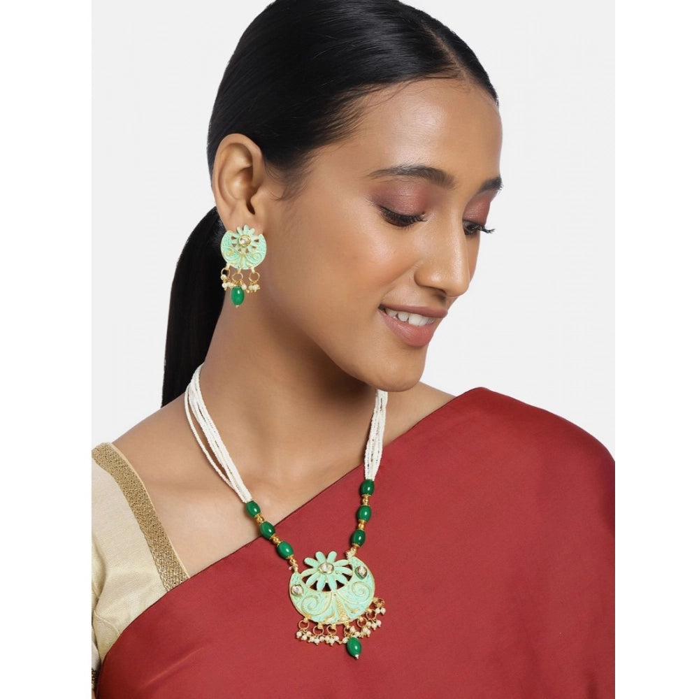 Vaystra Handcrafted Rose Alloy Necklace &amp; Earings Set - Green, Edition