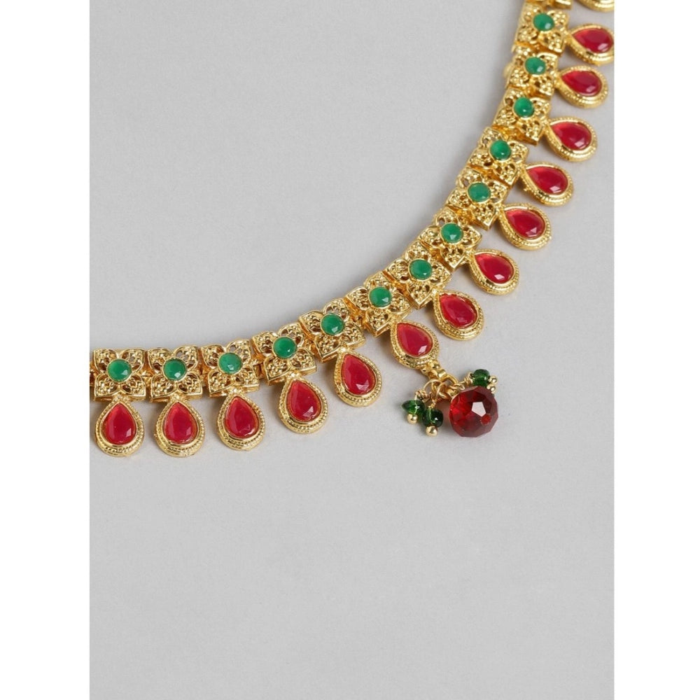 Vaystra Handcrafted Rose Alloy Necklace &amp; Earings Set - Green & Red, Edition