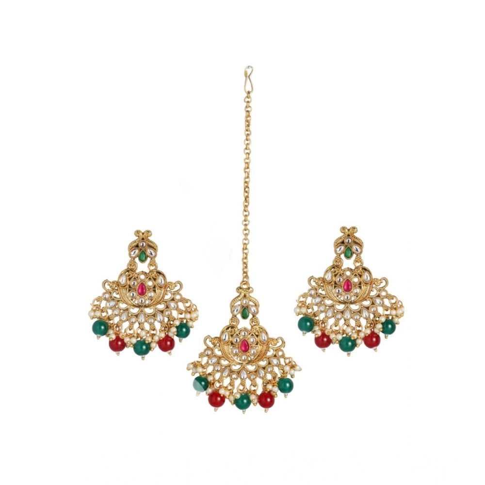 Vaystra Rose Alloy Kundan Earrings &amp; Mangtikka - Red & Green,