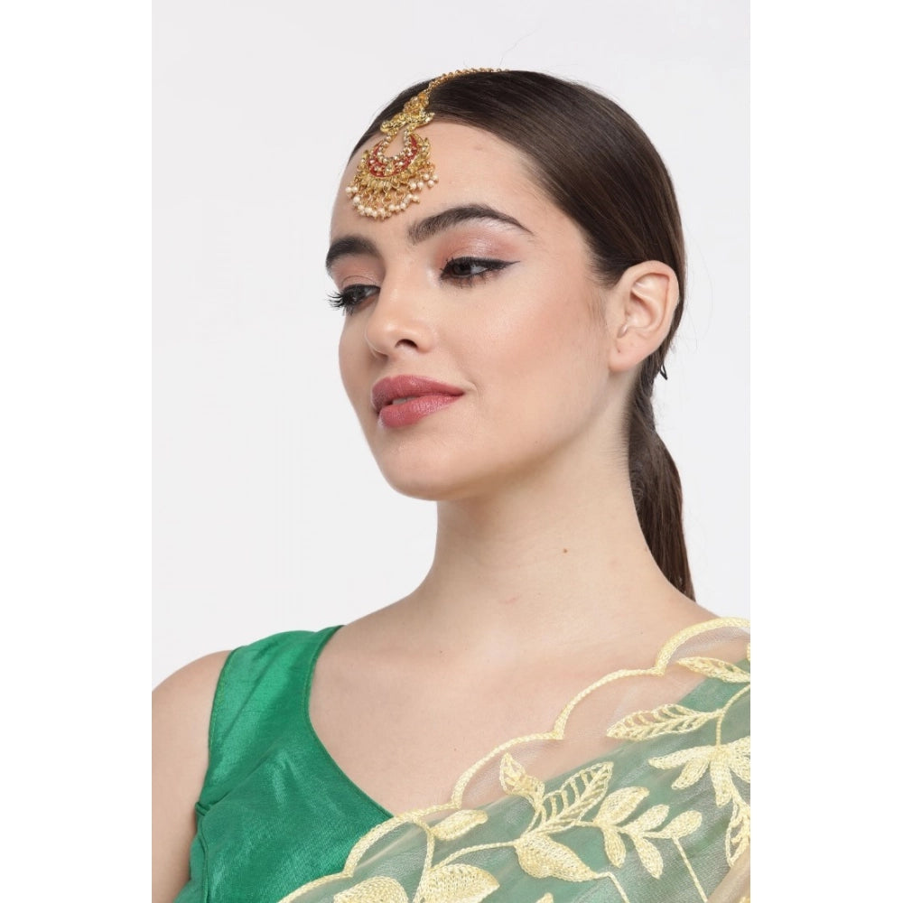 Vaystra Gold Plated Rose Alloy Kundan Earrings &amp; Mangtikka in Maroon,