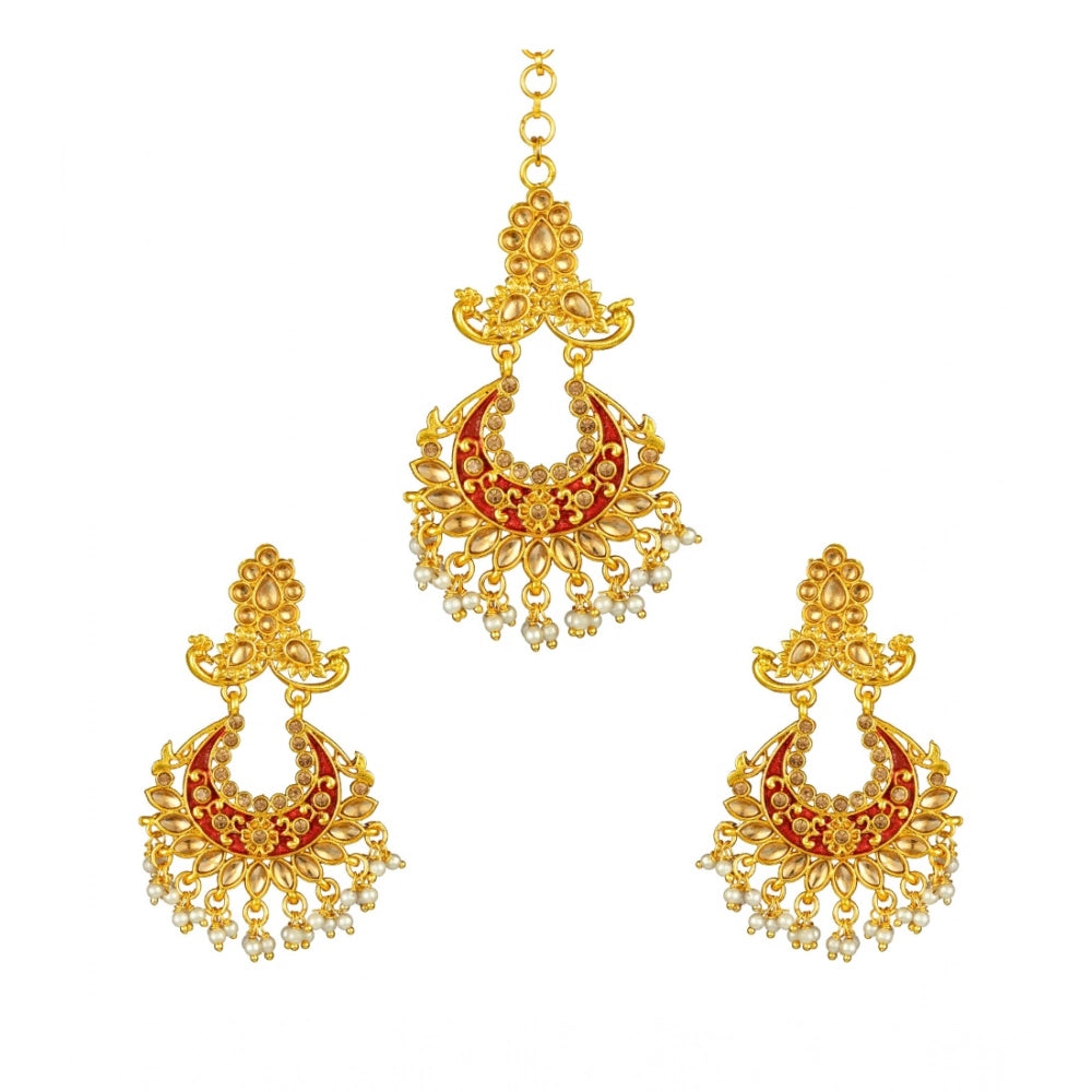 Vaystra Gold Plated Rose Alloy Kundan Earrings &amp; Mangtikka in Maroon,