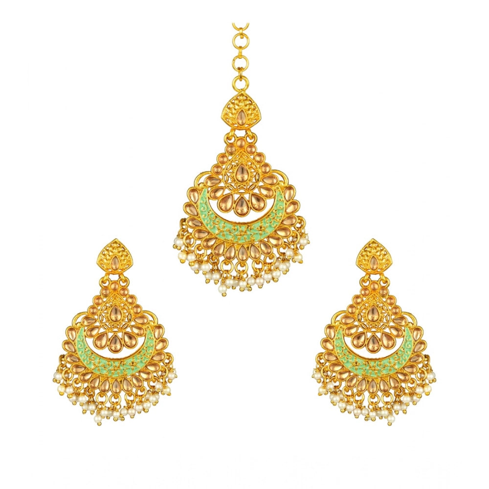 Vaystra Gold Plated Rose Alloy Kundan Earrings &amp; Mangtikka in Green,