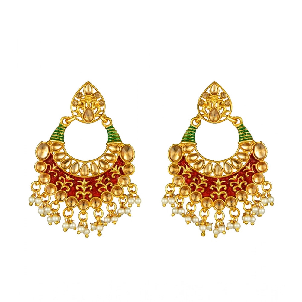 Vaystra Gold Plated Rose Alloy Kundan Earrings &amp; Mangtikka in Red & Green,