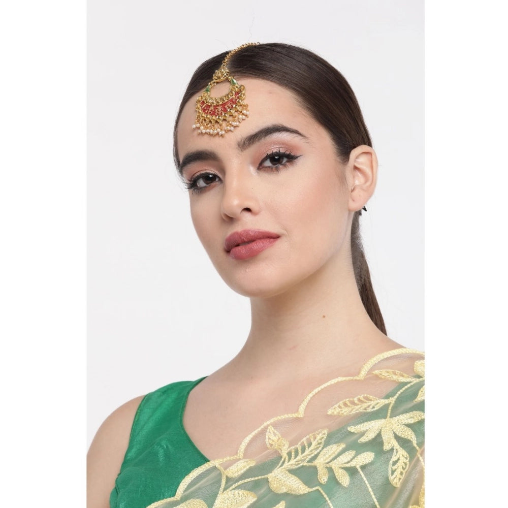 Vaystra Gold Plated Rose Alloy Kundan Earrings &amp; Mangtikka in Red & Green,
