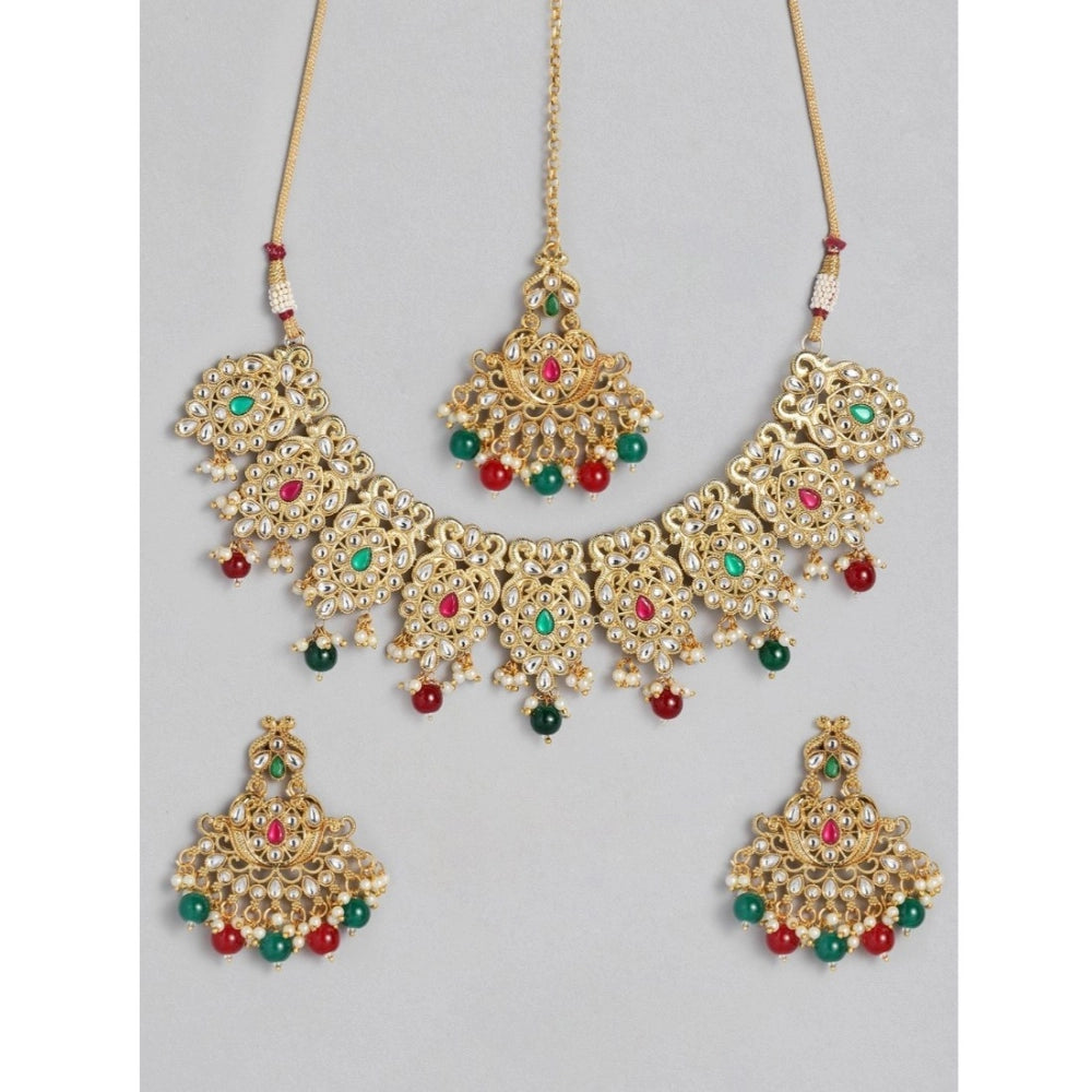 Vaystra Gold Plated Rose Alloy Necklace &amp; Earings Set in Light Green,