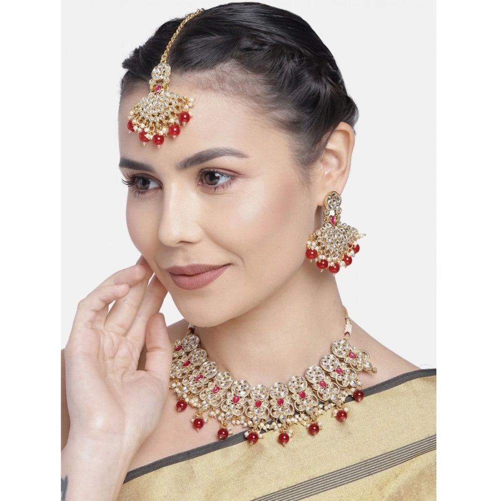 Vaystra Handcrafted Rose Alloy Necklace &amp; Earings Set - Red, Edition