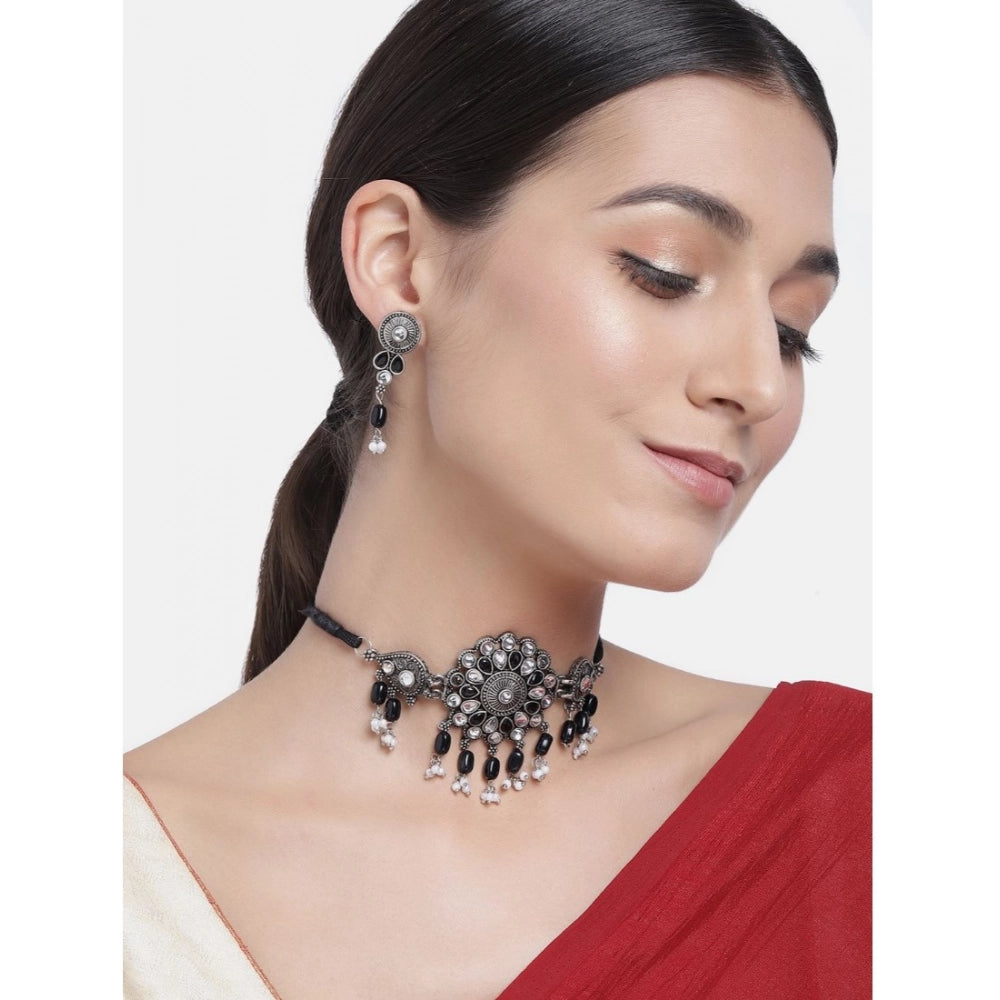 Vaystra Rose Alloy Necklace &amp; Earings Set - Black,