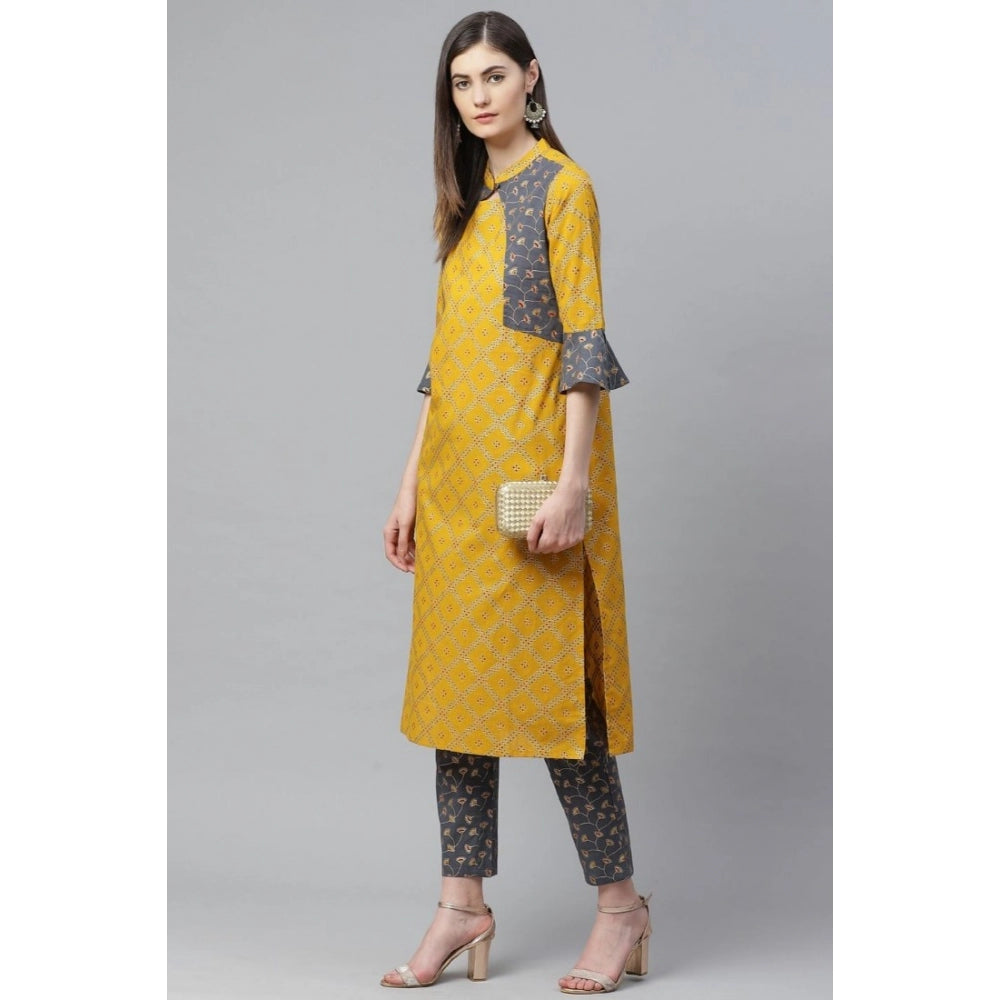Vaystra Casual Bell Sleeves Geomatrical Printed Cotton Kurti Set – Yellow