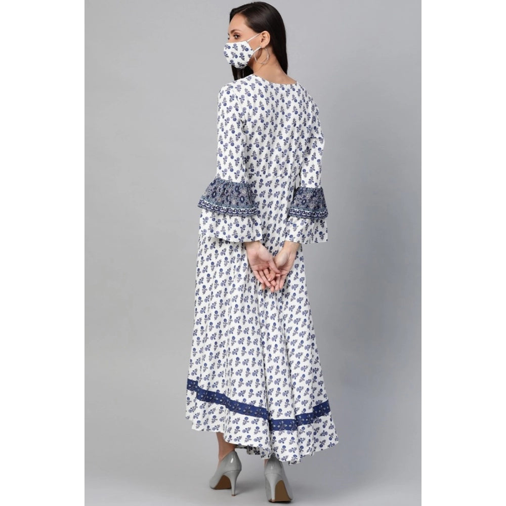 Vaystra Casual Bell Sleeve Floral Printed Rayon Dress – White & Blue