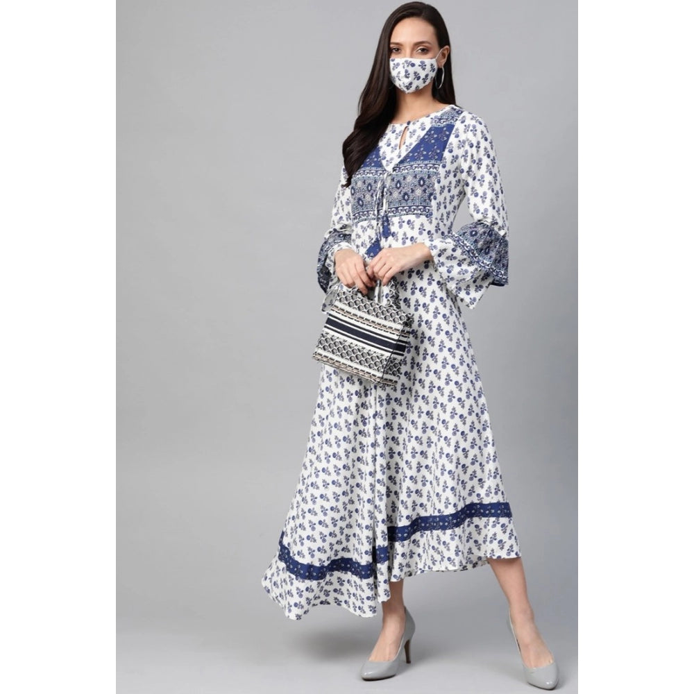 Vaystra Casual Bell Sleeve Floral Printed Rayon Dress – White & Blue