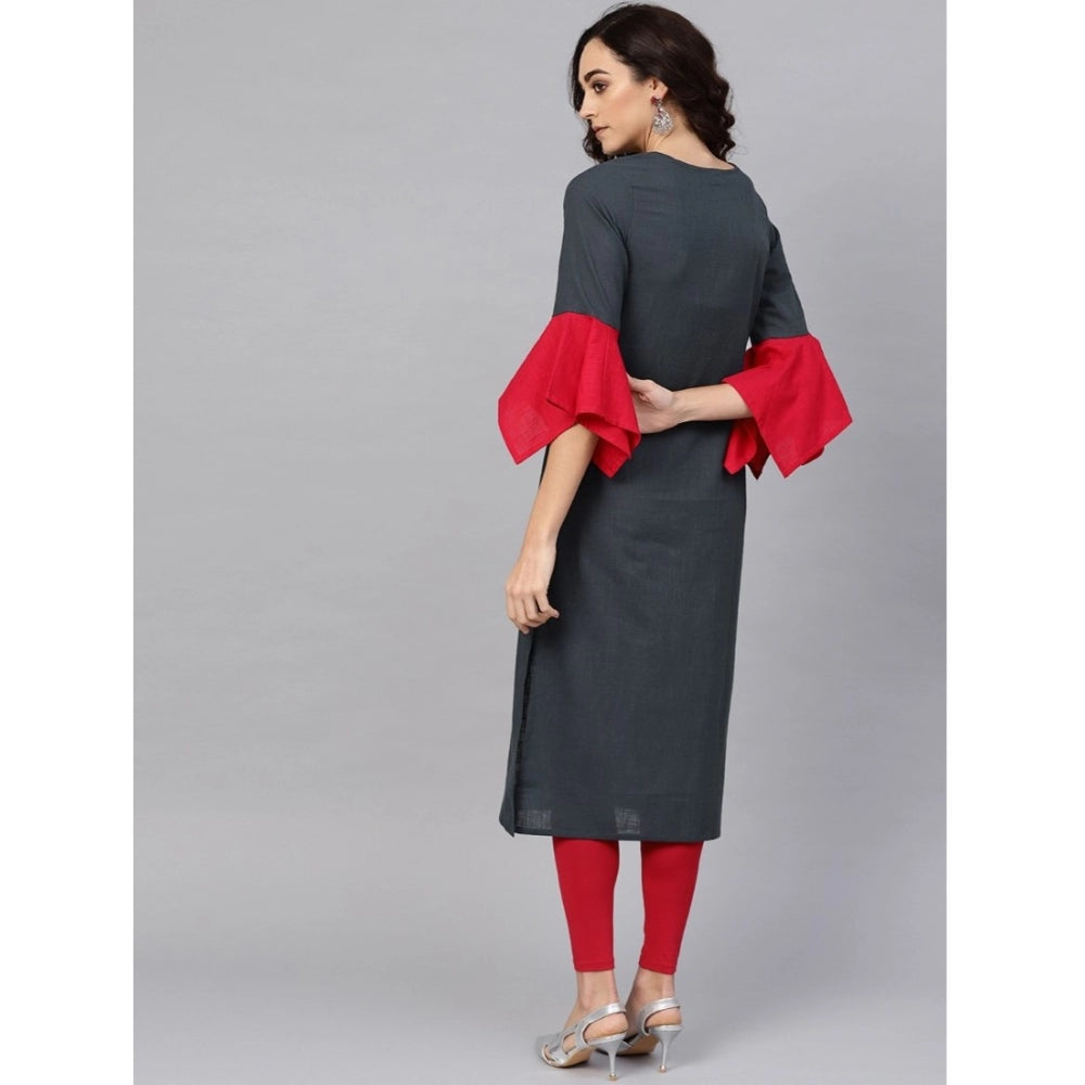 Vaystra Casual Bell Sleeves Mirror Work Cotton Slub Kurti – Grey