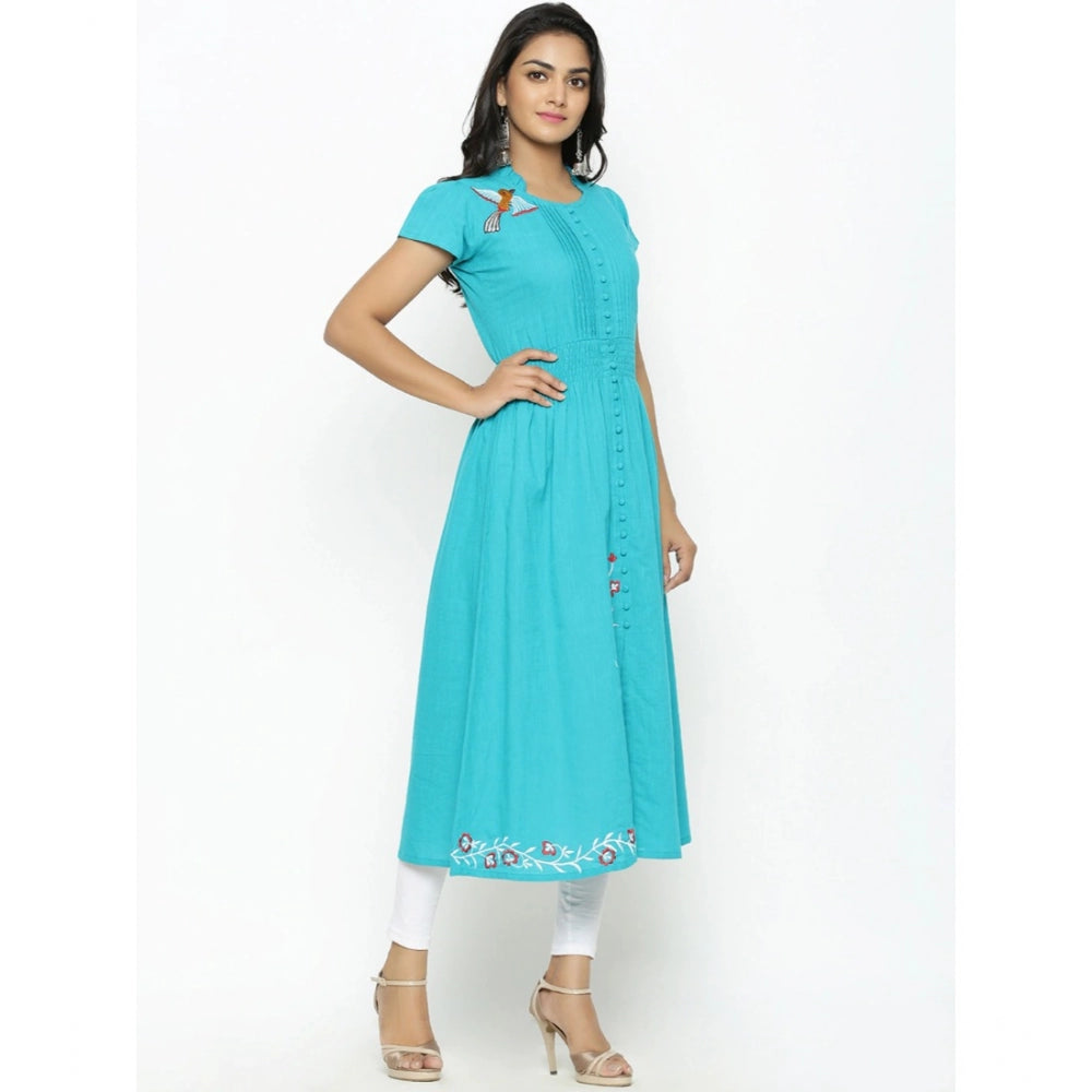 Vaystra Casual Short Sleeve Embroidery Cotton Slub Kurti – Torque Green
