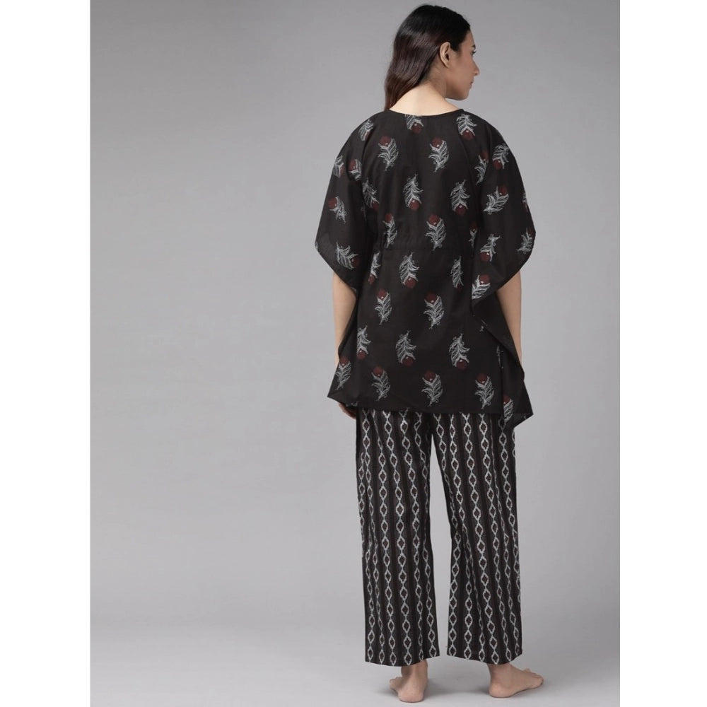 Vaystra Casual Kimono Sleeve Floral Printed Cotton Pyjama Set – Black