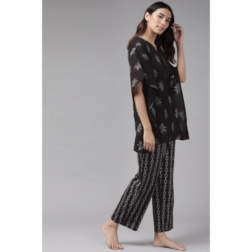 Vaystra Casual Kimono Sleeve Floral Printed Cotton Pyjama Set – Black