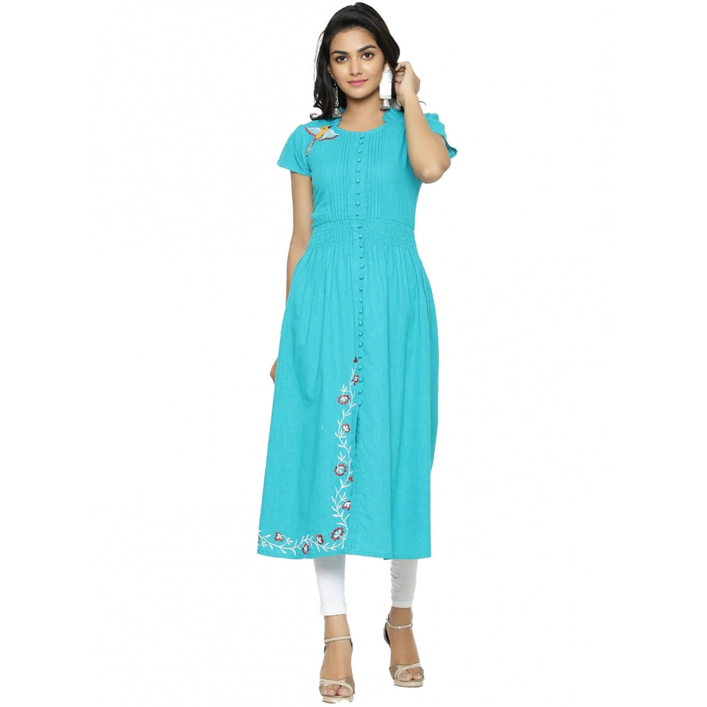 Vaystra Casual Short Sleeve Embroidery Cotton Slub Kurti – Torque Green