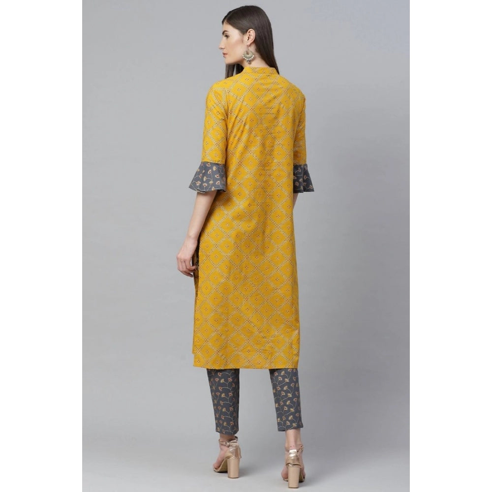 Vaystra Casual Bell Sleeves Geomatrical Printed Cotton Kurti Set – Yellow