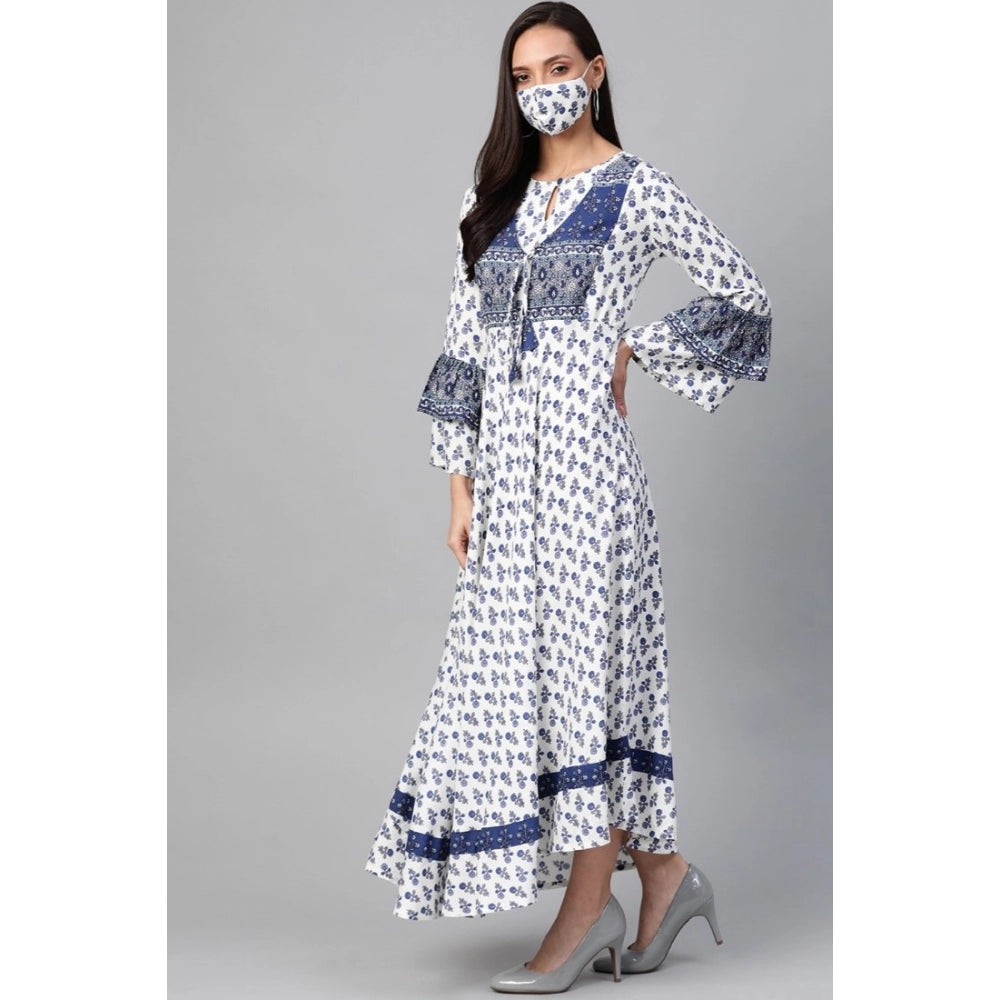 Vaystra Casual Bell Sleeve Floral Printed Rayon Dress – White & Blue