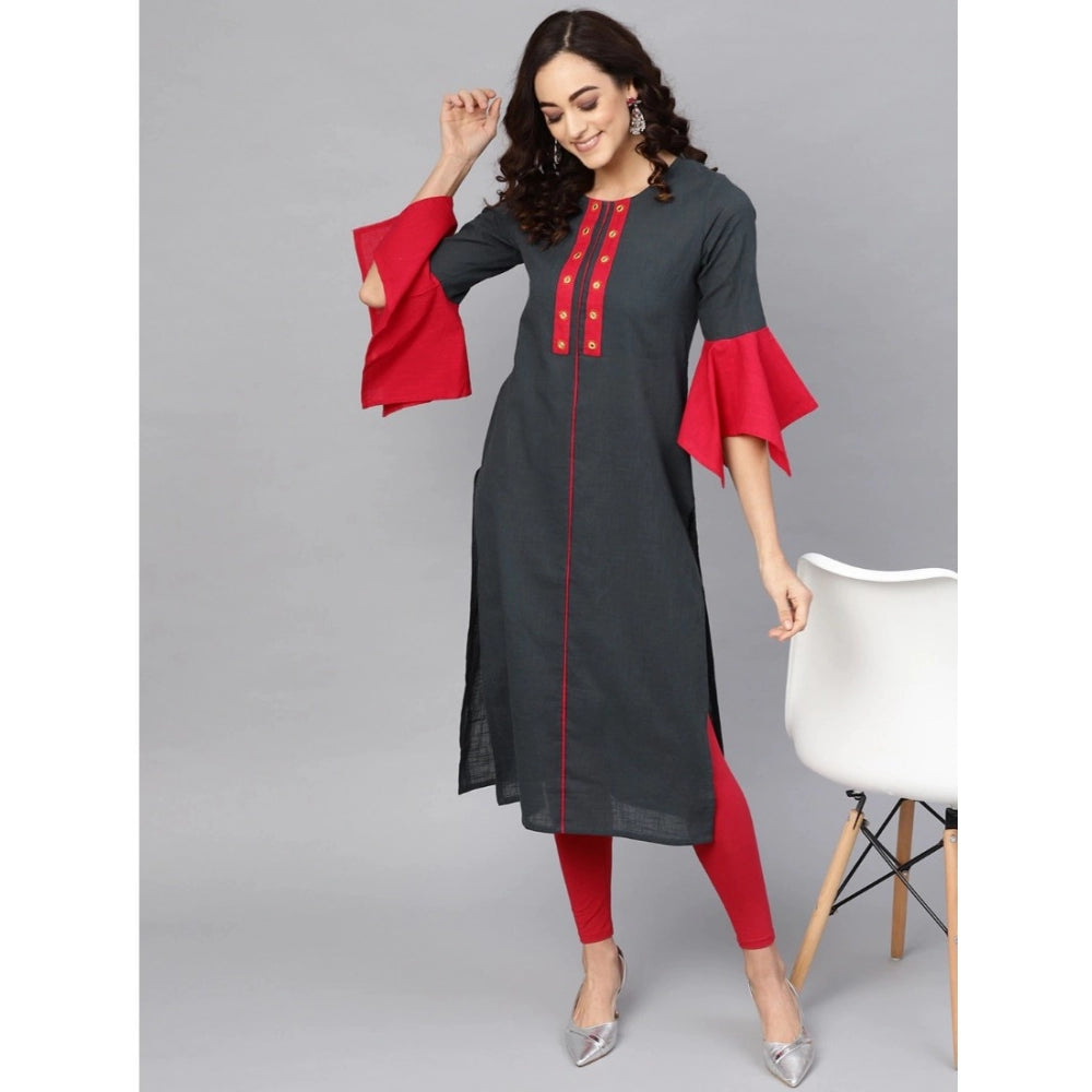 Vaystra Casual Bell Sleeves Mirror Work Cotton Slub Kurti – Grey
