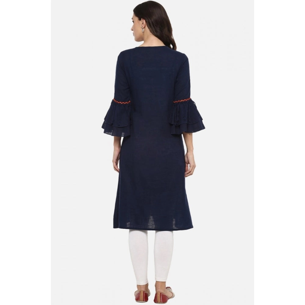 Vaystra Casual Bell Sleeves Solid Cotton Slub Kurti – Blue